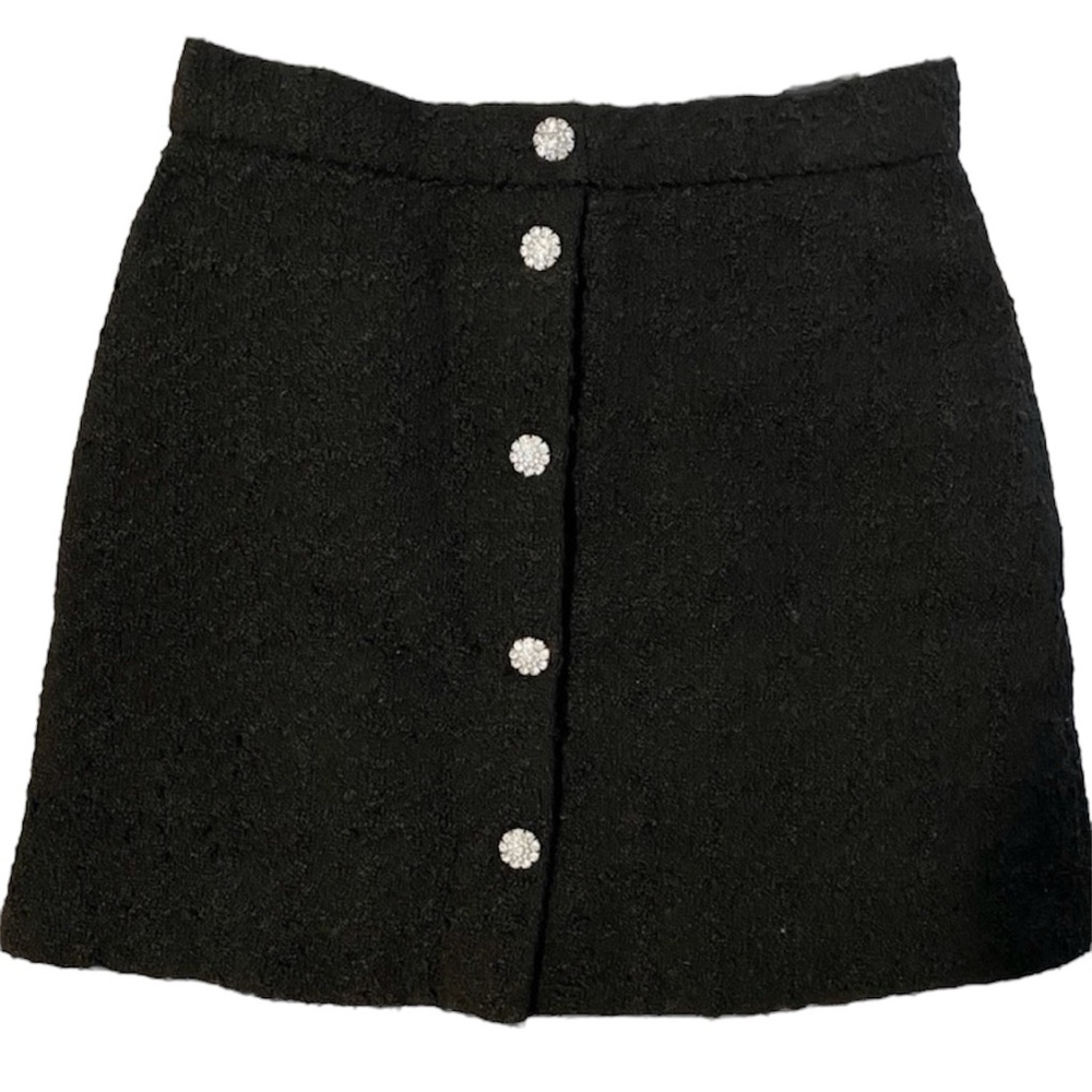 H&M black tweed mini skirt with crystal diamond-like rhinestone buttons - size 8